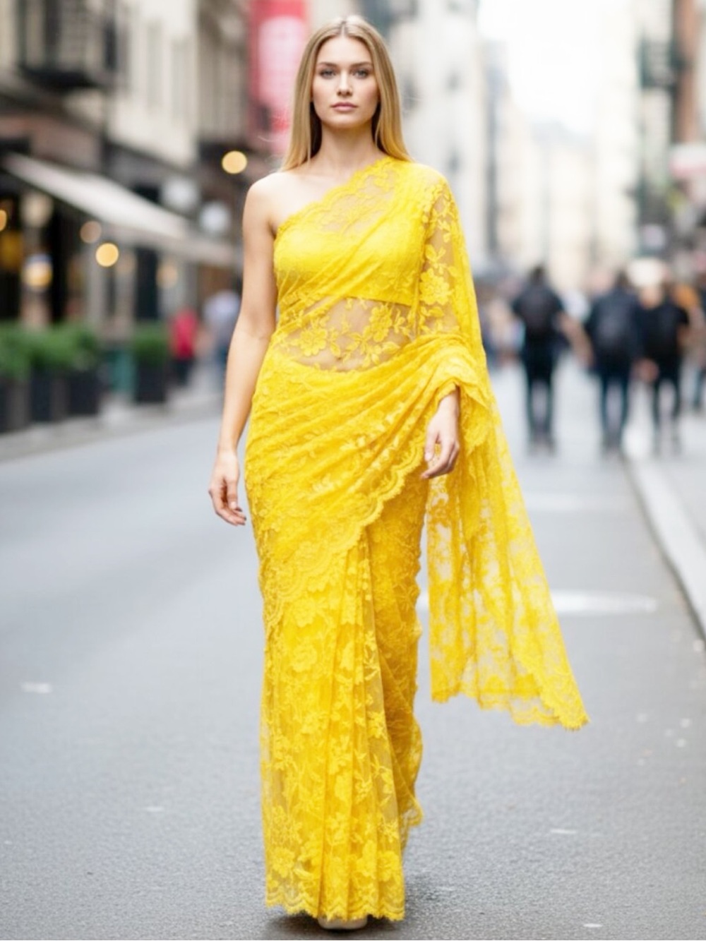 NEW Yellow Embroidered Indian Saree Floral Chikankari  Mustard Yellow Sheer